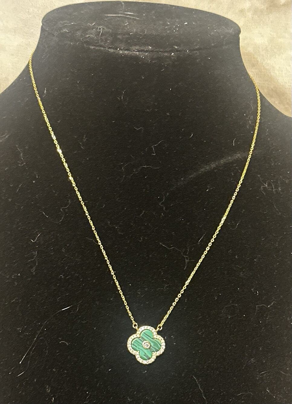 Sterling Silver 925 Malachite Clover Pendant Cable Chain Necklace Signed Green